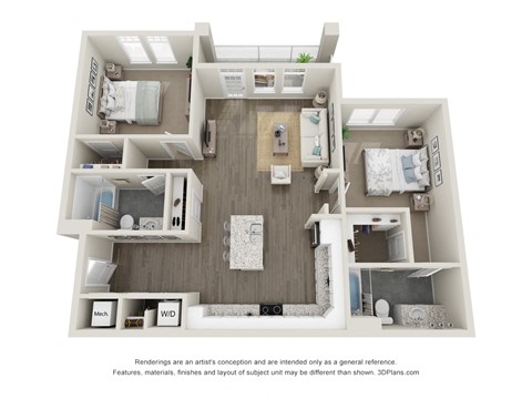 Floor plan for 2 beds, 2 baths, 1103 sqft